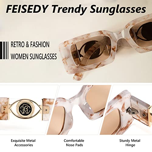 FEISEDY Trendy Small Rectangle Sunglasses 90s Retro Chunky Frame Square Metal Sun Glasses for Women Men B28904