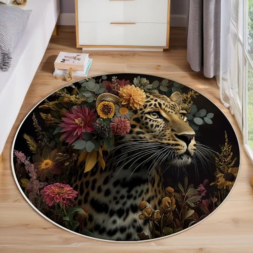 Tapis rond léopard gris foncé grand format lavable pour salon