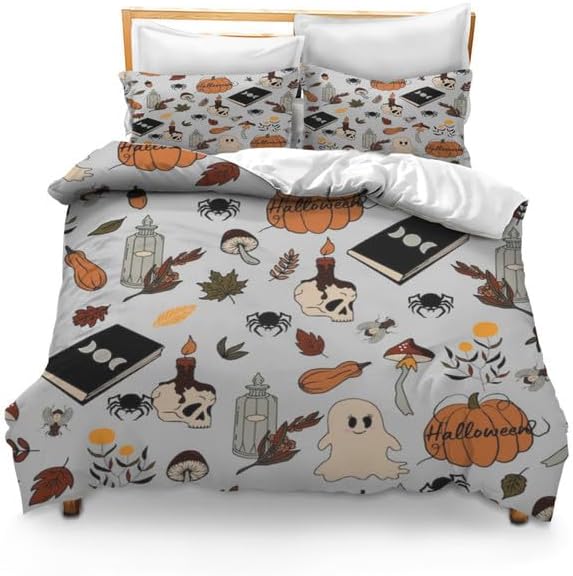 Bidesign Halloween Quilt Set King Cartoon Pumpkin Duvet Insert Lantern Bedding Ghost Quilt for Kids, Boys, Girls Bedroom Decoration 3 Bedding Sets (1 Duvet Comforter 2 Pillowcases)