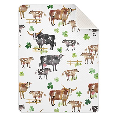 Image of Swaddle Blanket Farm Animals Cows Shamrocks Cotton Blanket for Infants, Receiving Blanket, Lightweight Soft Swaddling Blanket for Crib, Stroller, Nursery Blankets, 30x40 in