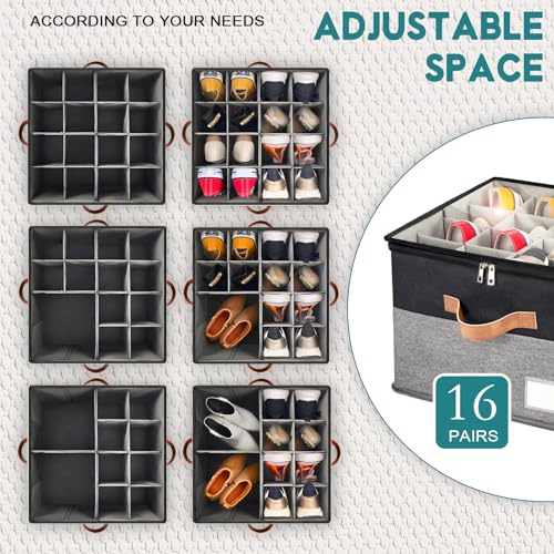 Image of 2 Pack Shoe Organizer for Closet Foldable Storage Box with Clear Cover | Fits 16-32 Pairs Boots and Heels Sneaker Sandals Stackable with Adjustable Divider Space Saving Dorm Black and Grey