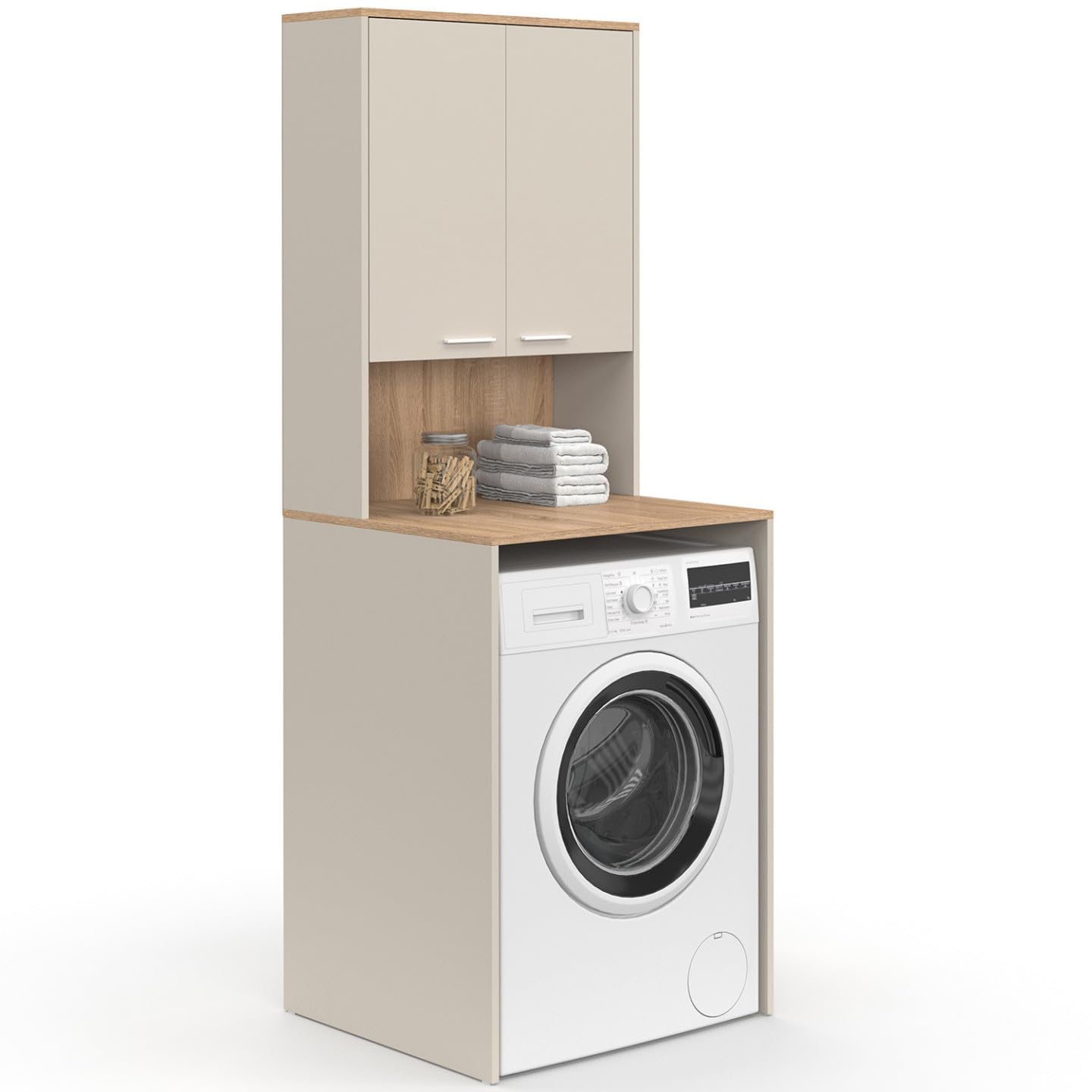 IDMarket - Meuble Dessus de Machine à Laver Wallis avec Placard Beige et Bois façon hêtre