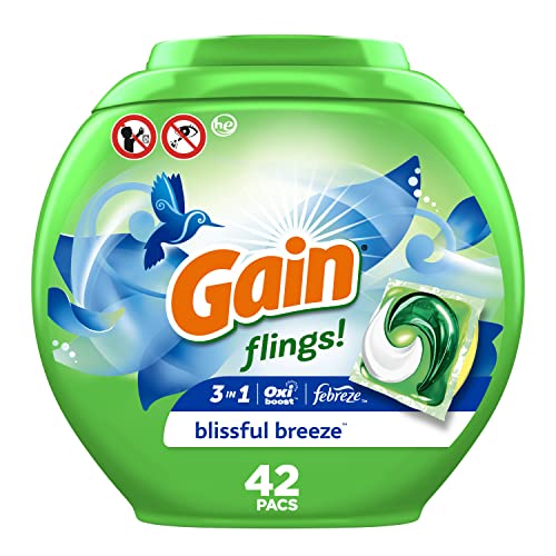 Image of Gain flings Laundry Detergent Soap Pacs, HE Compatible, 42 Count, Long Lasting Scent, Blissful Breeze Scent