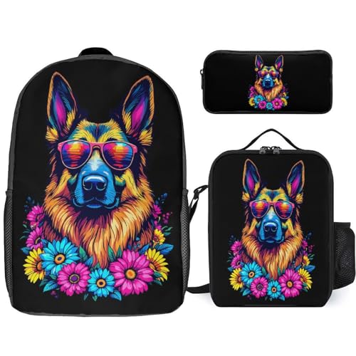 Colorful Dog Floral Sunglasses Backpack Set 3 Pieces Backpacks Lunch Bag Wallet For Travel Outdoor Sports