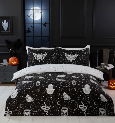Rapport Home Gothic Magic - Juego de Funda de edredón de Microfibra, tamaño King, temática Oscura, Halloween, Juego de edredón de Bruja mágica, Color Negro