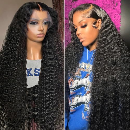 BLACROSS 13x6 Deep Wave Lace Front Wigs Human Hair 32 Inch 180 Density Deep Part Curly Lace Front Wigs Human Hair Pre Plucked Glueless Transparent Lace Frontal Wig Pre Plucked with Baby Hair