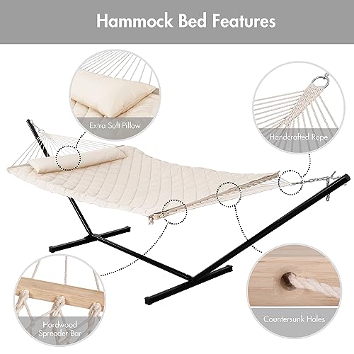 Image of ANOW Two Person Hammock with 12FT Stand, Large Rope Hammock 76 inchx52 inch, Cream