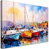 Feeby Leinwand Bilder - Bild Wohnzimmer - Bunte - Boote - Schiffe - Hafen - 100x70 1tlg - Deko Schlafzimmer Groß - Dekoration Canvas - Gemälde - Modern Wandbilder - Kunstdruck