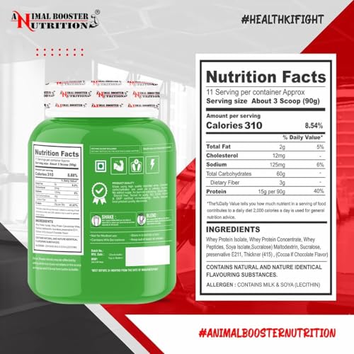 Image of Animal Booster Nutrition Maha Mass Gainer, 25 Grams of Protein in 90gm of Serving Helps in Gain Weight, Build Muscle & Fuel Energy - Chocolate Flavor (11Servings /1KG)