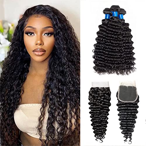Nicelight CLASSIC 100% Unprocessed Brazilian Deep Wave Bundles with Closure Human Hair Extensions 4x4 Lace Closure Deep Curly Bundles Human Hair for Black Women Natural Color 22 24 26+18 Inch