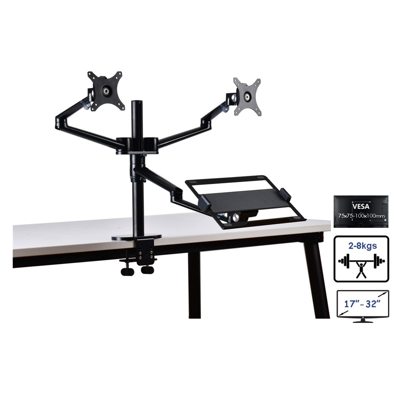 Cfwwsaq Nero Monitor Arm, Aluminum Height Adjust Desktop Dual 17-32 Inch Monitor Holder+12-17 Inch Laptop Holder Stand Full Motion Triple Mount Arm(Nero)