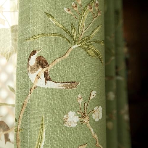 Farmhouse Birds Curtains 84 Inches Long Grommet Half Light Blocking Green Tree Pattern for Patio Door Vintage Floral Print Window Drapes for Sliding Glass Door Home Decor 1 Panel W55 X L84 Inch