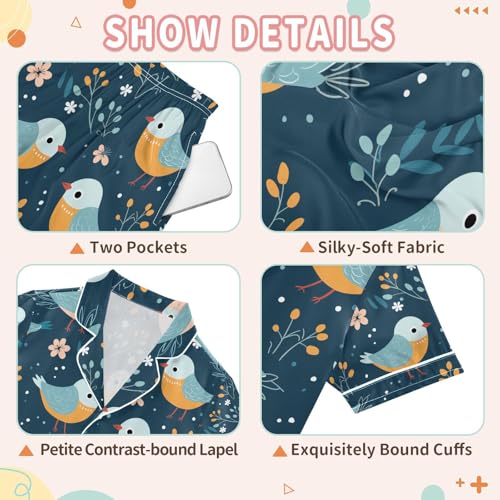 senya Blue Birds Satin Summer Pajama Sets Silk Short Sleeve Button Down Sleepwear3