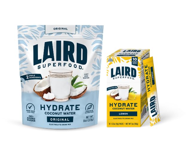 Laird Superfood Paquete de hidratación definitiva, hidrato original e hidrato de limón, 8 onzas y 10 palitos individuales