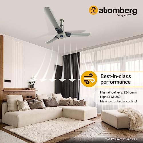 Image of atomberg Studio+ 1200Mm 32W Bldc Motor Energy Saving Ceiling Fan (Sand Grey) Efficio 250Mm (Sweep Size) Bldc Motor Energy Saving Exhaust Fan (Black), 5 Stars