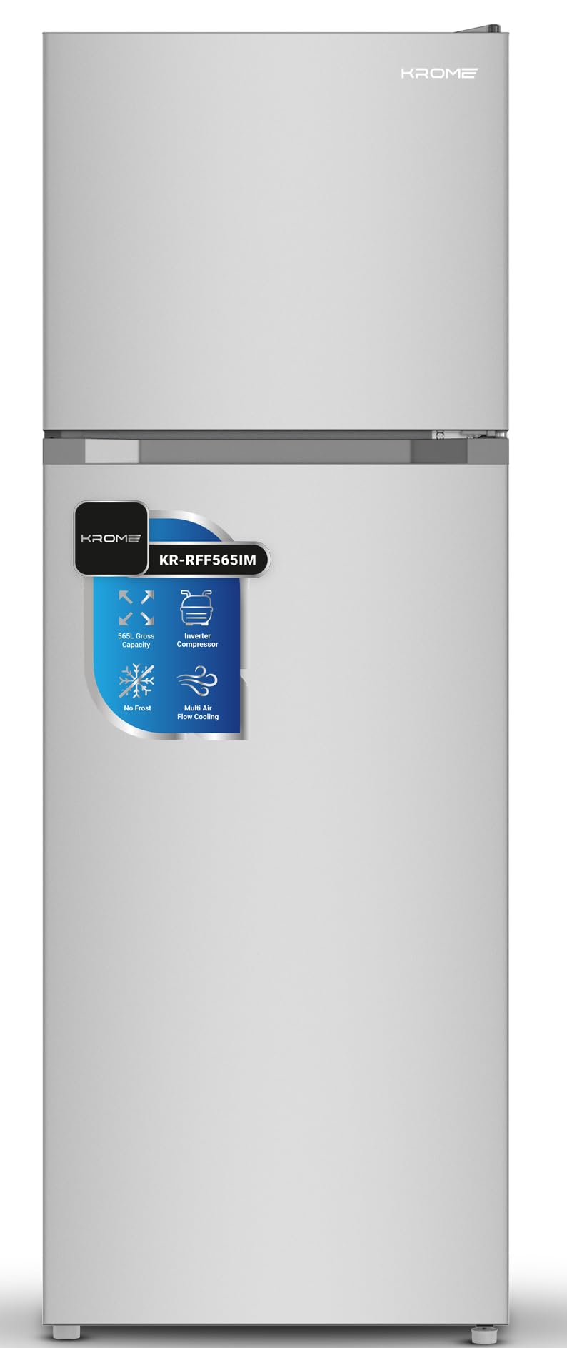 – KROME 535 Liter Gross Top Mount Double Door Refrigerator, No Frost Cooling System, LED Display, Convenient Shelves For Easy Access, INOX, 10 Year Compressor Warranty- KR-RFF 565 IM