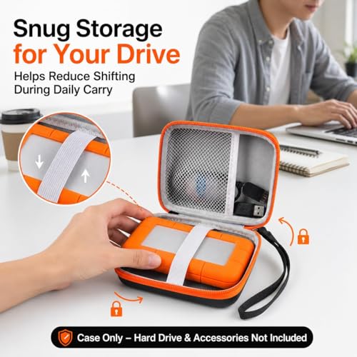 Image of ALKOO Case for LaCie Rugged Mini 1TB /2TB /4TB /5TB External Hard Drive | Portable HDD Holder, Cable Pocket, SD Card Storage, for Photographers, Creators, Students, Office, Travel, Case Only, Orange