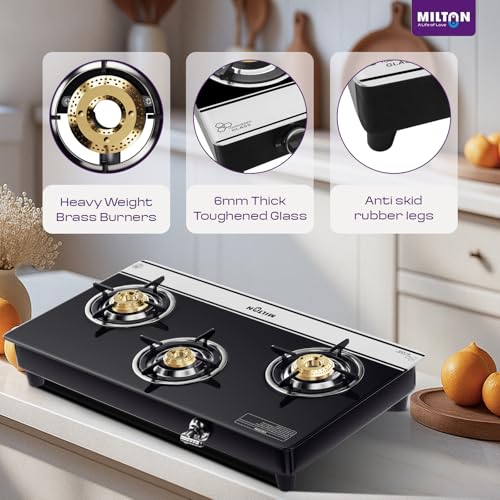 Image of Milton Ignis Pro 3 Burners Auto Ignition Gas Stove | ISI Certified | 6mm Toughened Glass Top | 360 Degree Nozzle | Heavy Pan Support | Pure Brass Burners | 1 Year Manufacturer's Warranty-Black & White