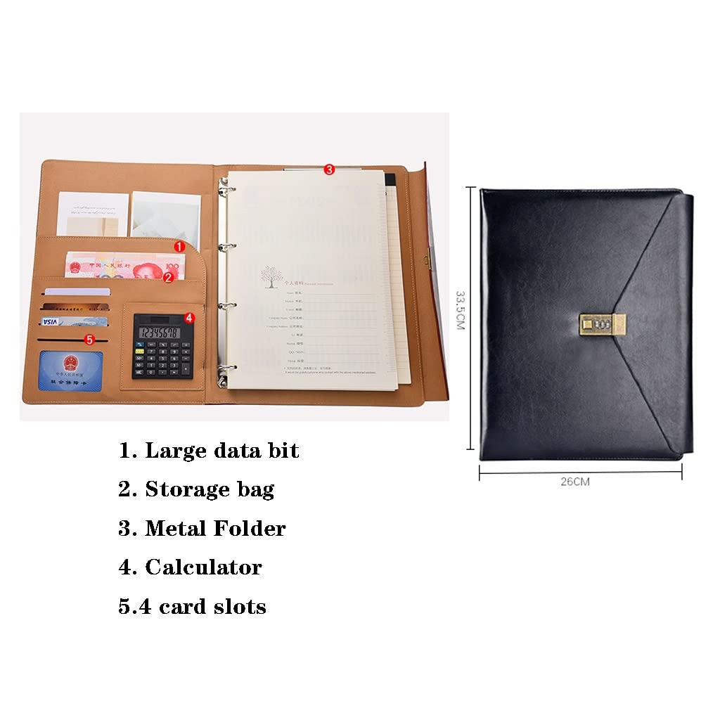 Carpeta de Conferencias, Portafolio de cuero sintético con anillas y portapapeles, tamaño A4, con cierre de contraseña, para documentos, carpeta de archivos, para oficina, blocs de notas, papel legal