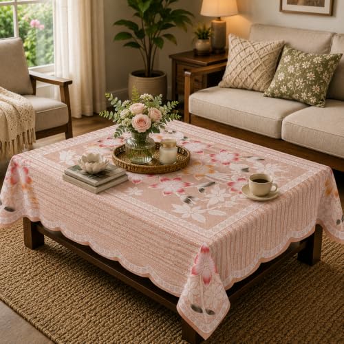 Image of STITCHNEST Gulnar Beige Cotton Net Table Cover 40x60 Inches