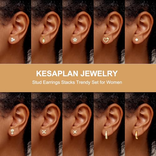 Image of KesaPlan Stud Earrings for Women 14K Gold Plated Hypoallergenic Hoop Earrings Set Small Studs Hoop Huggie Earring Multiple Piercing Star Heart Ball Cubic Zirconia Studs Stacks Trendy for Women Men