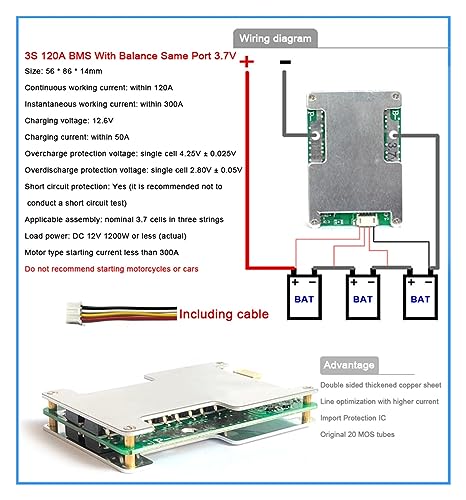 ZIPCOM battery equaliser 12V BMS 3S 4S 120A bms 18650 BMS For Lifepo4/Ternary lithium battery pack Electric bicycle/inverter/Electronic tools BMS 12V (Color : 3S 120A 3.7V Common)