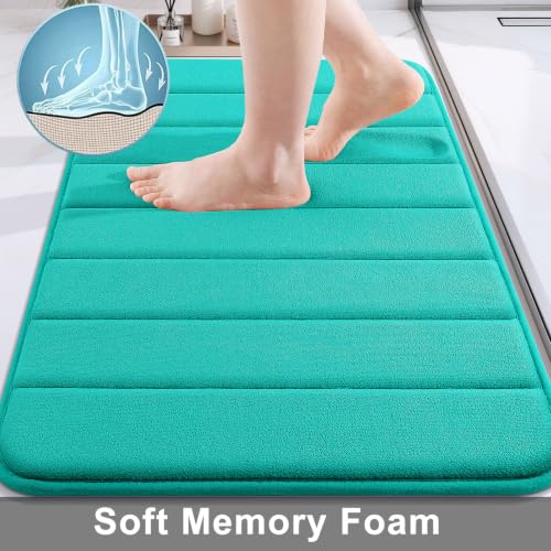 Image of Memory Foam Soft Bath Mats - Non Slip Absorbent Bathroom Rugs Rubber Back Runner Mat for Kitchen Bathroom Floors 16 inchx47 inch, Peacock Green