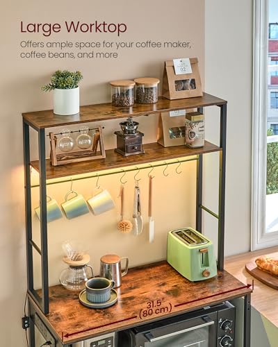 VASAGLE Coffee Bar with LED Lights, Kitchen Bakers Rack with Power Outlet, Microwave Stand with Adjustable Shelves, 8 Hooks, 40 x 80 x 168.4 cm, Rustic Brown and Matte Black KKS050KD02 - Image 7