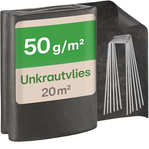 Praknu Unkrautvlies 50g/m² mit 12 Erdankern - Gartenvlies 20 m² (2x10m) - Wasserdurchlässig, UV-Stabil & Reißfest für Blumenbeete & Garten