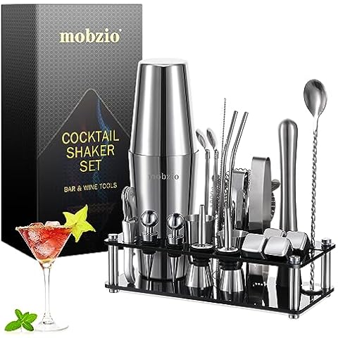 Cocktail Shaker Set Bartender Kit, 23 PCS Boston Shaker Tool Set with Stand, Drink Mixer Martini Shaker Bartending Kit, Bar Tools Bartender Tool Kit, mobzio Bar Accessories for The Home Bar Set Cover