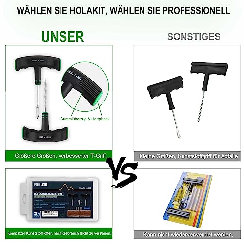 HOLAKIT Reifenflickzeug, Kompaktes 22-teiliges Reifenreparaturset mit Gummistopfen, verbessertem T-Griff, Unverzichtbare Werkzeuge zur Behebung von Reifenpannen für Autos, Motorräder, ATVs, SUVs