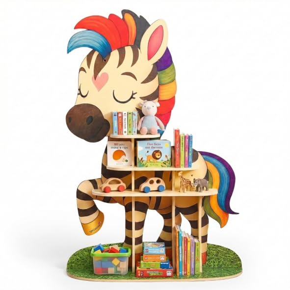 Zebra Large Kids Bookshelf Organizer - 47" Tall Wooden Book Shelf for Kids Rooms - Kid Bookshelf for Nursery Shelving, Playroom Organization And