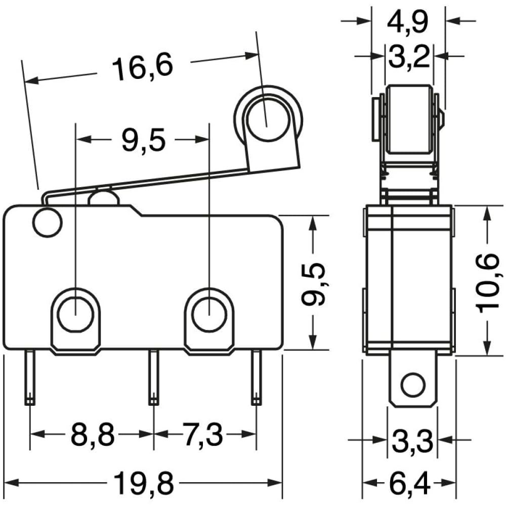 10 x SPDT Spawany mikro przełącznik krańcowy 19,8 x 10,6 x 6,4 mm 250 V 5 A – mikroprzełącznik z dźwignią końcową 16,6 mm z kołem zatrzaskowym, bez NC - zestaw ekonomiczny