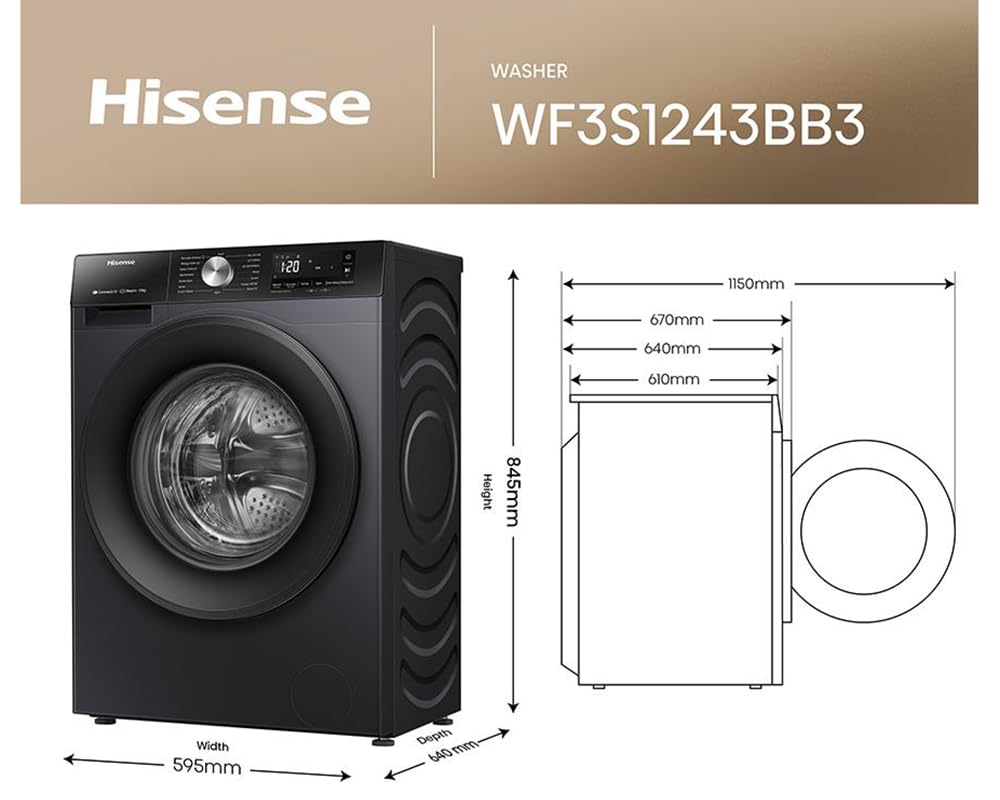 3S Series WF3S1243BB3 12KG Large Capacity, 1400 RPM, A Energy Class, Quick Wash, WiFi Enabled, LED Display, Black Freestanding Washing Machine - HxWxD MM (890x595x640) - 2 Year Warranty - 2
