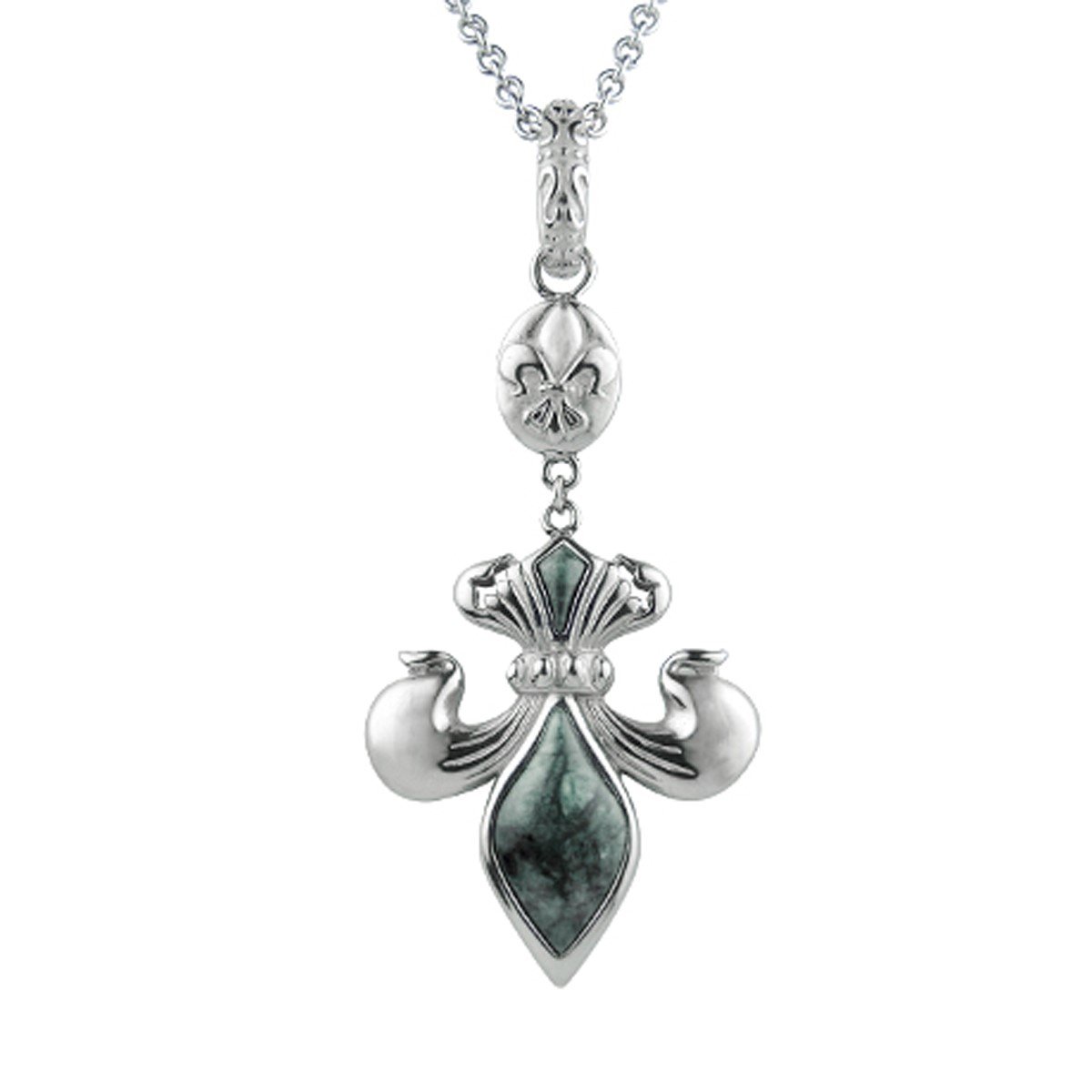 Controse Collar de flor de lis de acero inoxidable plateado para mujer, diseño de lirio de mármol verde, 61 cm más extensor de 5 cm