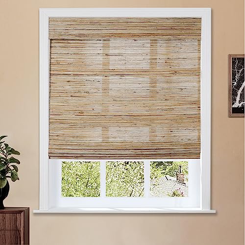 Image of TWOPAGES Cordless Ramie Roman Shade for Kitchen Indoor Windows No Drill Roman Blind Light Filtering Custom Made Roman Window Shade, 1 Piece, Honeynut