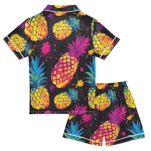 ALAZA Colorful Dot Pineapple Fruit Satin Pajamas Set Short Sleeve Button Down Sleepwear Summer Pjs 2 Piece2