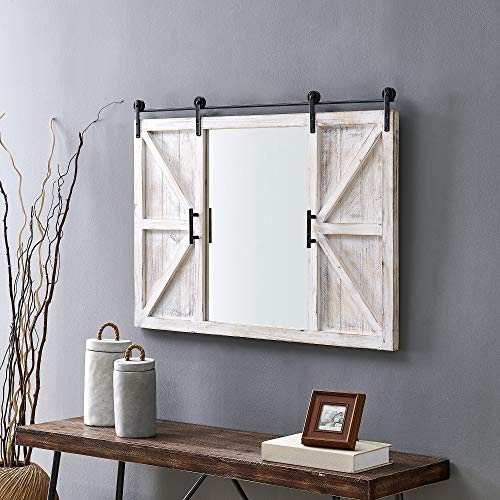 FirsTime Co White Hayloft Barn Door Wall Mirror Large Vintage Decor for for Bedroom Bathroom Vanity Wood Farmhouse 36 x 26 inches