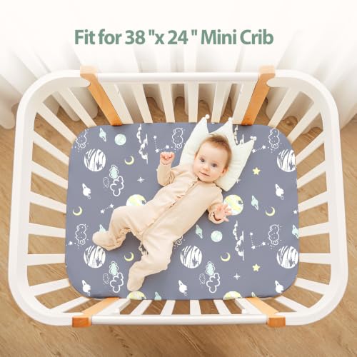 Image of Baby Mini Crib Sheets Boy, Portable 38 inchx26 inch Pack and Play Sheets Fitted for Playard and Pack N Play Mattress, 3-Pack Soft Microfiber Green Dinosaur Planet