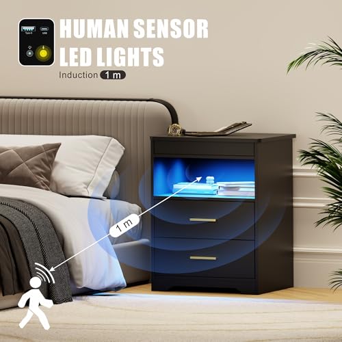 Image of Nightstand with Gun Drawer, Charging Bedside Table with USB-A & Quick-Charge Type-C Port, LED Night Stand with Soft Glow Human Sensor Light, Modern End Table with Drawers for Bedroom Office, Black