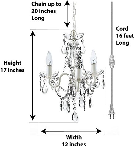 gypsy color The Original Plug-in 3 Light Crystal White Hanging Swag Chandelier H17”xW12”, White Metal Frame with Clear Glass Stem and Clear Acrylic Crystals & Beads That Sparkle Just Like Glass - Image 3