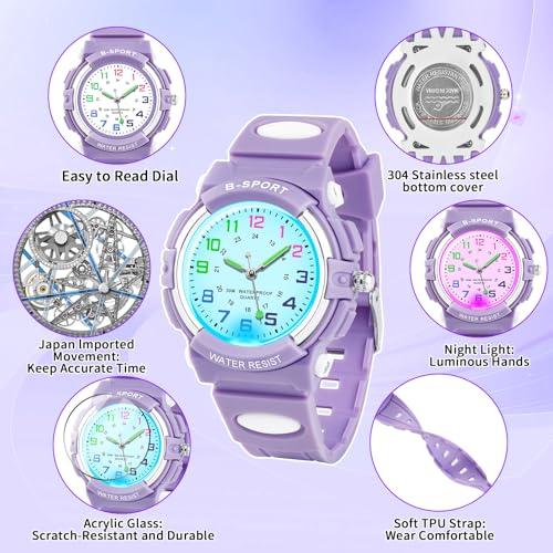 DTKID 7 Colorful Lights Children's Watch Boys Girls, Kids 30 M Waterproof Analog Watches Soft Rubber Band, Easy to Read Dial Time Lessons Wristwatch Children 5-18 Years Old4