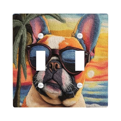Divertente copertura decorativa per interruttore a 2 bande con bulldog francese, con ricamo a tema spiagge chien, mascherina elettrica per camera da letto e soggiorno