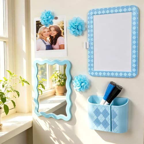 Image of 8 PCS Blue Locker Accessories Kit for Girls with Magnetic Mirror Whiteboard Pen Holder Flower Magnets Cute Aesthetic Locker Decoration Set for School Dorm Office Organization