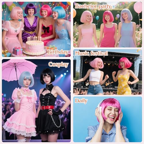 Image of MEEZY Orange Short Bob Wigs Straight Hair with Flat Bangs Heart Sunglasses for Women, Colorful Funny Cosplay Party Neon Wig Synthetic Natural As Real Carnival Halloween Costume Party Favors