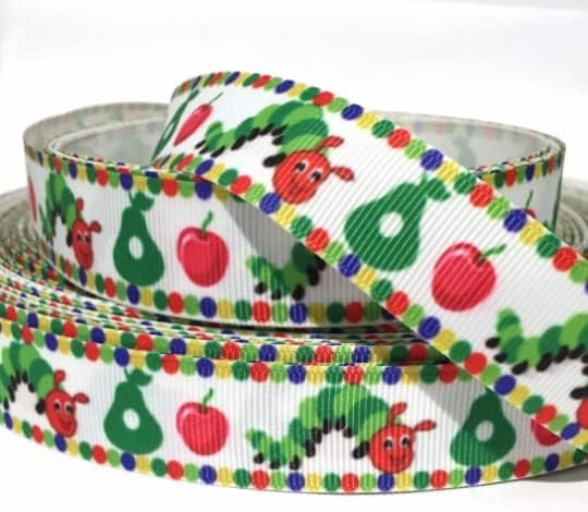 Grosgrain Ribbon 7/8" Caterpillar Apples Kids Dots Back to School Printed Per Yard