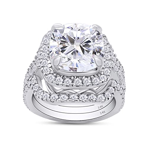 SAVEARTH DIAMONDS Cushion & Round Cut Lab Created Diamond Moissanite Engagement Ring & Double Wedding Band Halo Bridal Set, Wedding Rings Bands in 10K/14K Solid Gold (3.50 Cttw, G-H/VVS1) Jewelry Gift