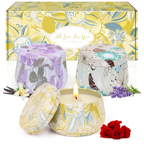 Velas Aromáticas,Regalos Originales para Mujer,Perfectas para Navidad | 3 Vela Perfumadas para Abba de Estrés | Rosa, Lavanda, Vainilla | Vela de Cera de Soja,Larga Duración de Combustión