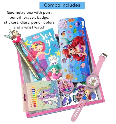Image of 9 in 1 Mermaid rakhi Gift Combo Set For Girls Kids cute stylish Gift box Stationery Set Age 6-8 Years 10-12 Year I Diary, Stickers, pen, pencil case, badge, Eraser, watch& colors