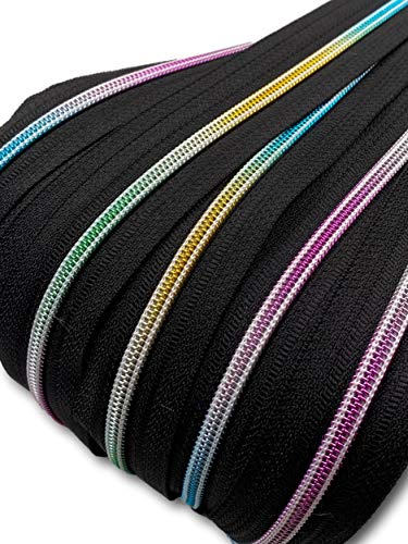 Reißverschluss endlos Spirale Regenbogen 5mm Meterware mit Zipper (Schwarz 5m + 10 Zipper)